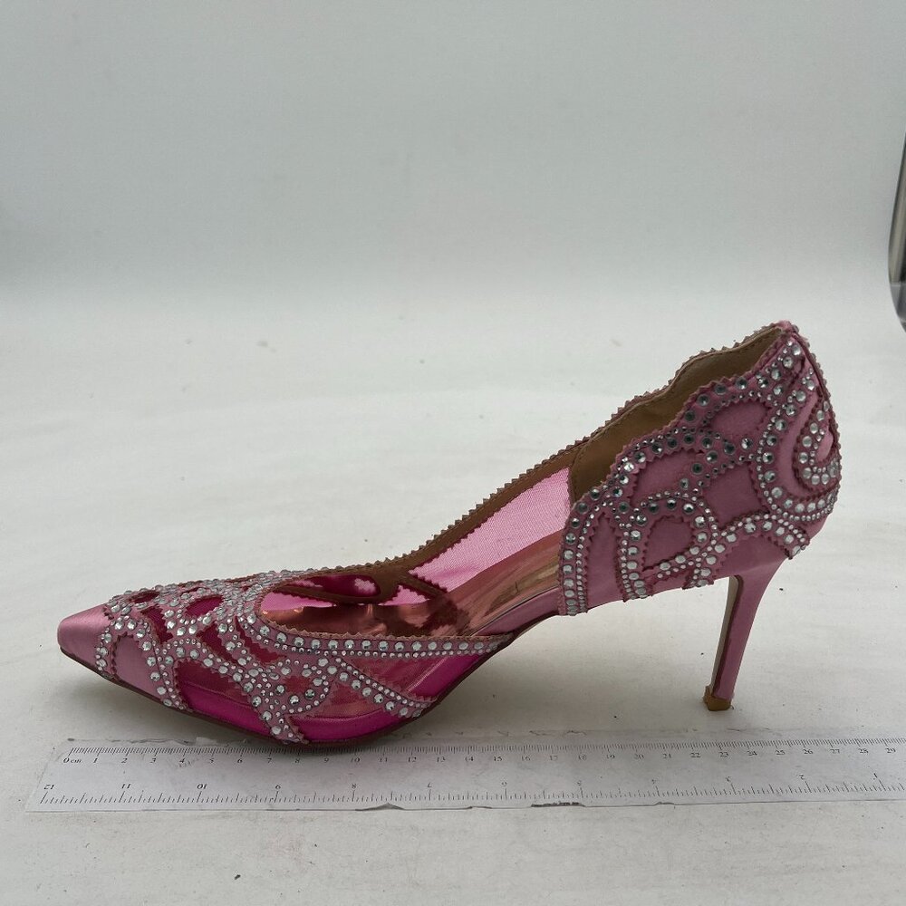 XYD Pink Pointy Toe Crystal Studded Bridal High Heel Slip On D'Orsay Mesh Pumps - Picture 2 of 8